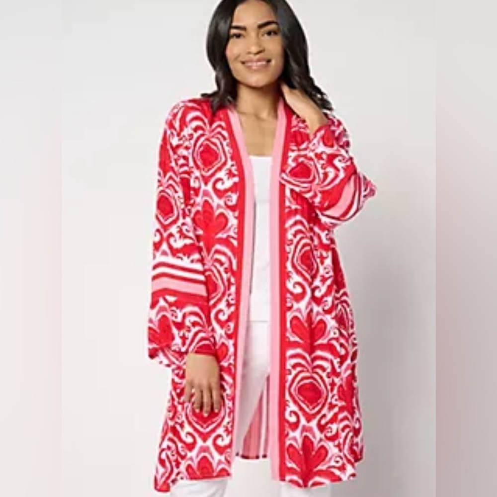 Dennis Basso Women’s Red White Duster Kimono Bohemian Hippie Western Cowgirl 2X